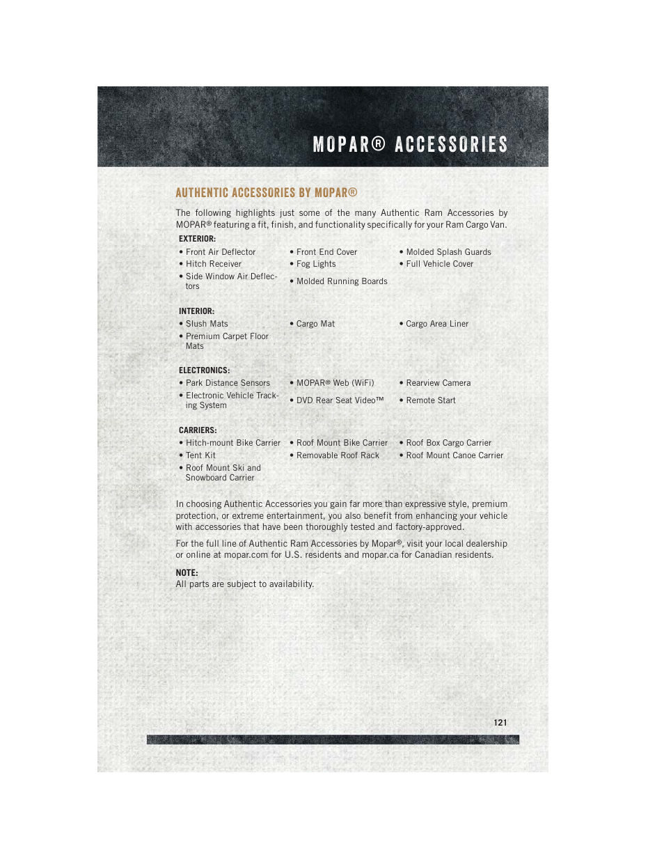 Mopar® accessories, Authentic accessories by mopar, Authentic accessories by | Mopar | Ram Trucks 2015 Cargo Van Commercial - User Guide User Manual | Page 123 / 132