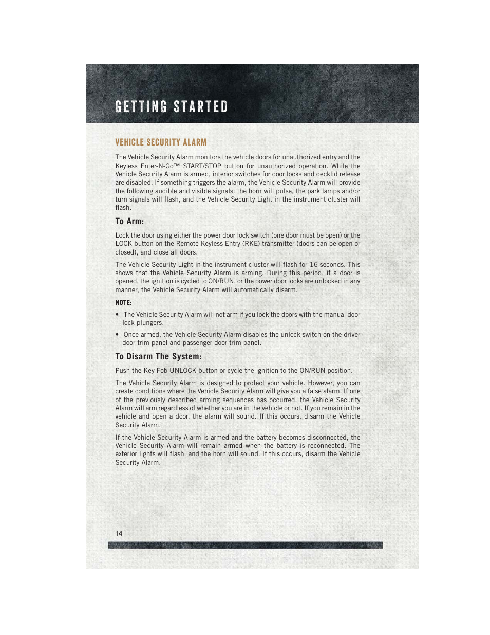 Vehicle security alarm, To arm, To disarm the system | Ram Trucks 2015 Cargo Van Commercial - User Guide User Manual | Page 16 / 132