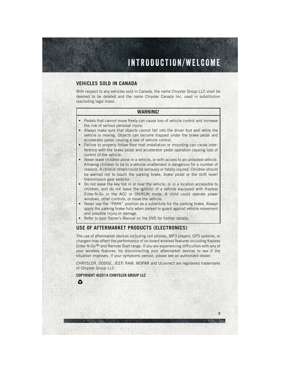 Vehicles sold in canada, Use of aftermarket products (electronics) | Ram Trucks 2015 Cargo Van Commercial - User Guide User Manual | Page 5 / 132