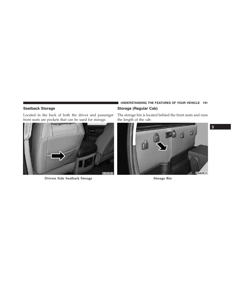 Seatback storage, Storage (regular cab) | Ram Trucks 2015 Chassis Cab Commercial - Owner Manual User Manual | Page 193 / 599