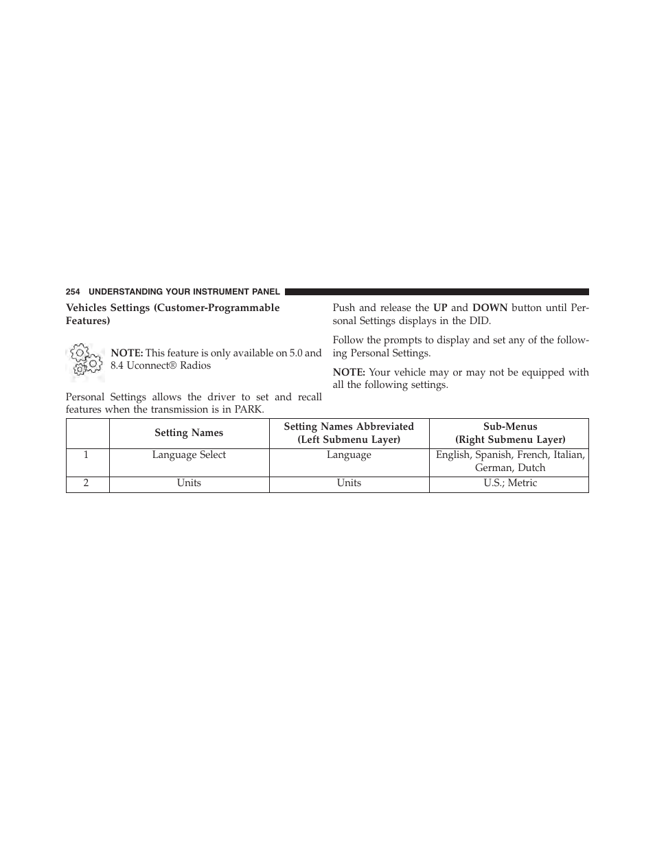 Vehicles settings (customer-programmable features) | Ram Trucks 2015 Chassis Cab Commercial - Owner Manual User Manual | Page 256 / 599