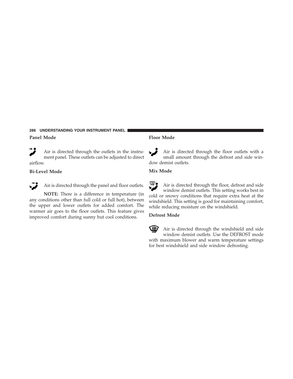 Panel mode, Bi-level mode, Floor mode | Mix mode, Defrost mode | Ram Trucks 2015 Chassis Cab Commercial - Owner Manual User Manual | Page 288 / 599