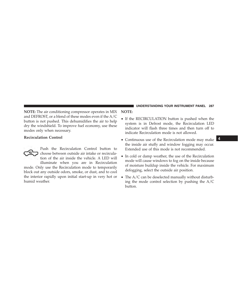 Recirculation control | Ram Trucks 2015 Chassis Cab Commercial - Owner Manual User Manual | Page 289 / 599