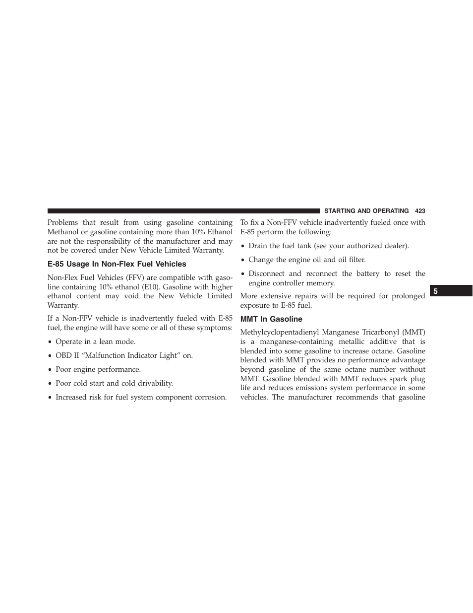 E-85 usage in non-flex fuel vehicles, Mmt in gasoline | Ram Trucks 2015 Chassis Cab Commercial - Owner Manual User Manual | Page 425 / 599