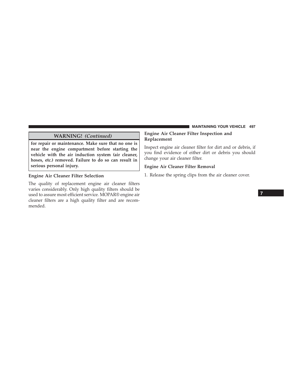 Engine air cleaner filter selection | Ram Trucks 2015 Chassis Cab Commercial - Owner Manual User Manual | Page 499 / 599