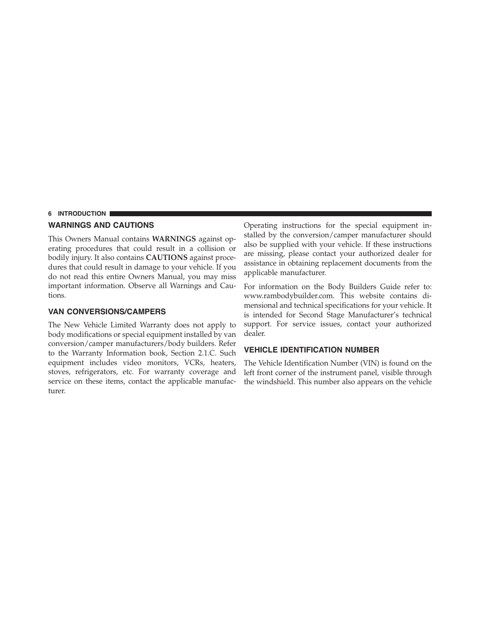 Warnings and cautions, Van conversions/campers, Vehicle identification number | Ram Trucks 2015 Chassis Cab Commercial - Owner Manual User Manual | Page 8 / 599