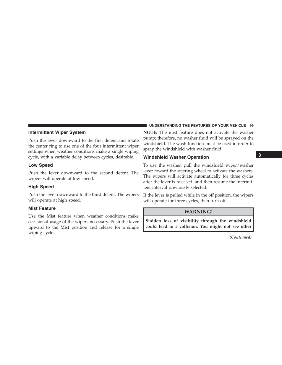 Intermittent wiper system, Low speed, High speed | Mist feature, Windshield washer operation | Ram Trucks 2015 ProMaster - Owner Manual User Manual | Page 101 / 431