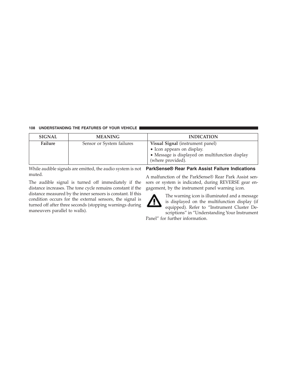 Parksense® rear park assist failure indications, Parksense® rear park assist failure, Indications | Ram Trucks 2015 ProMaster - Owner Manual User Manual | Page 110 / 431