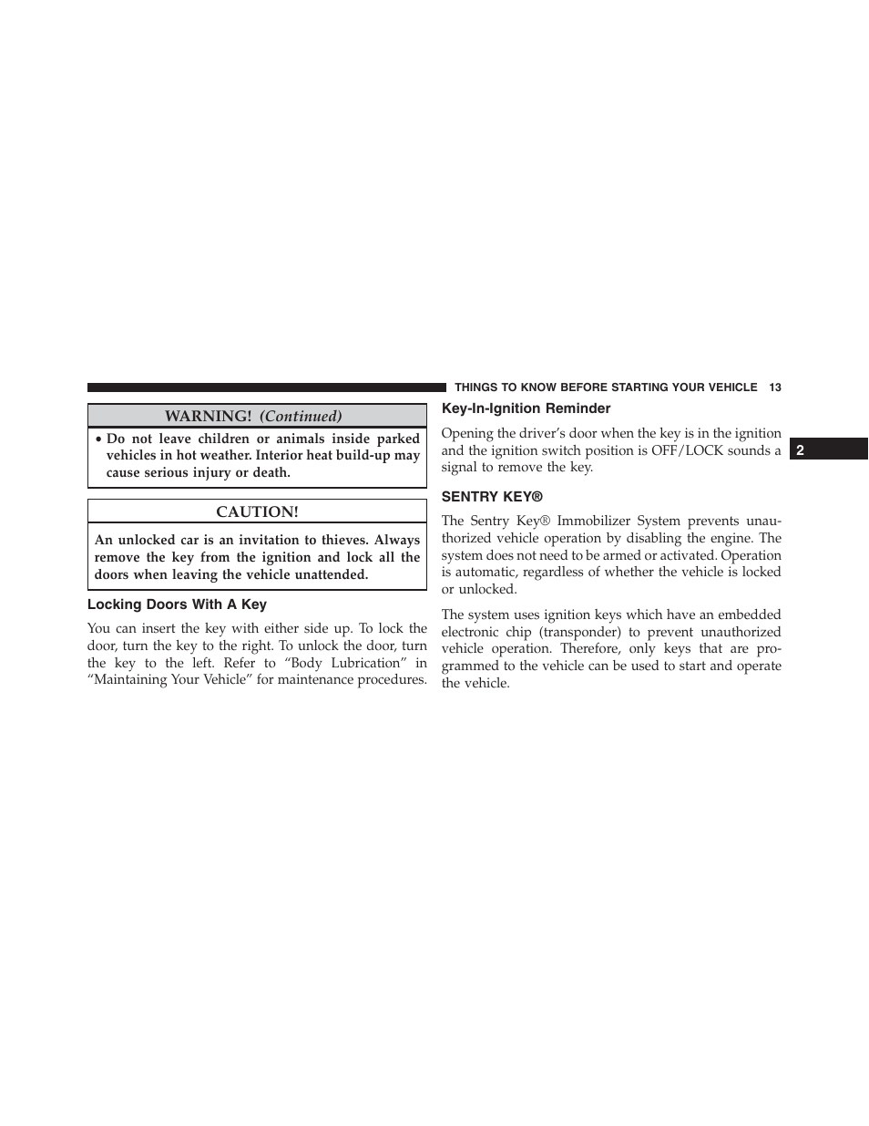 Locking doors with a key, Key-in-ignition reminder, Sentry key | Ram Trucks 2015 ProMaster - Owner Manual User Manual | Page 15 / 431