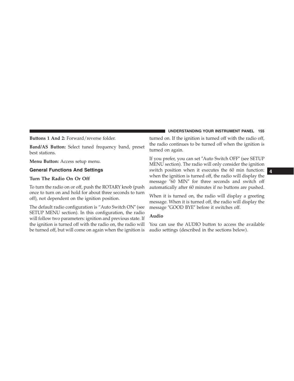 General functions and settings, Turn the radio on or off, Audio | Ram Trucks 2015 ProMaster - Owner Manual User Manual | Page 157 / 431