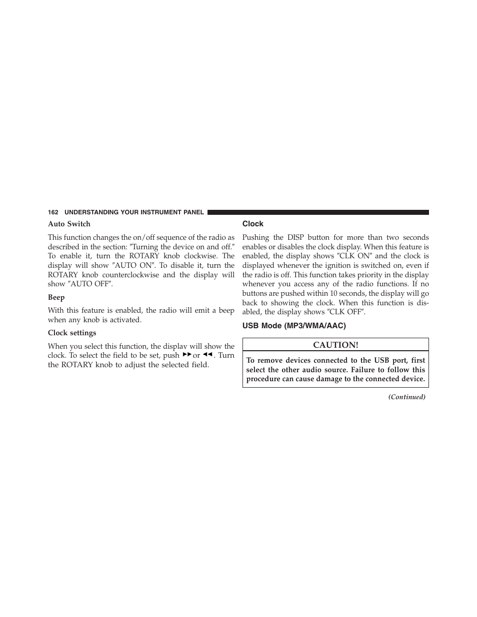 Clock, Usb mode (mp3/wma/aac) | Ram Trucks 2015 ProMaster - Owner Manual User Manual | Page 164 / 431