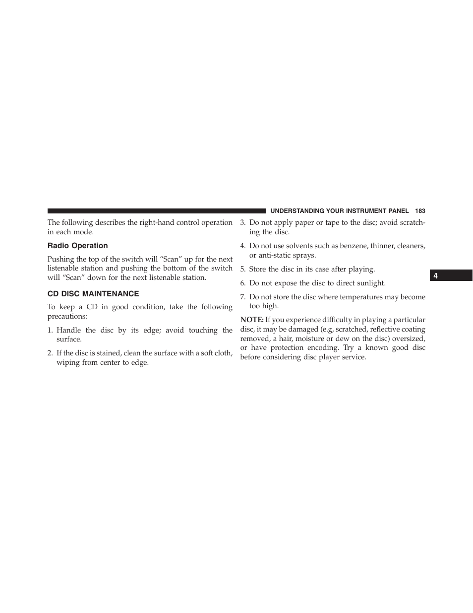 Radio operation, Cd disc maintenance | Ram Trucks 2015 ProMaster - Owner Manual User Manual | Page 185 / 431