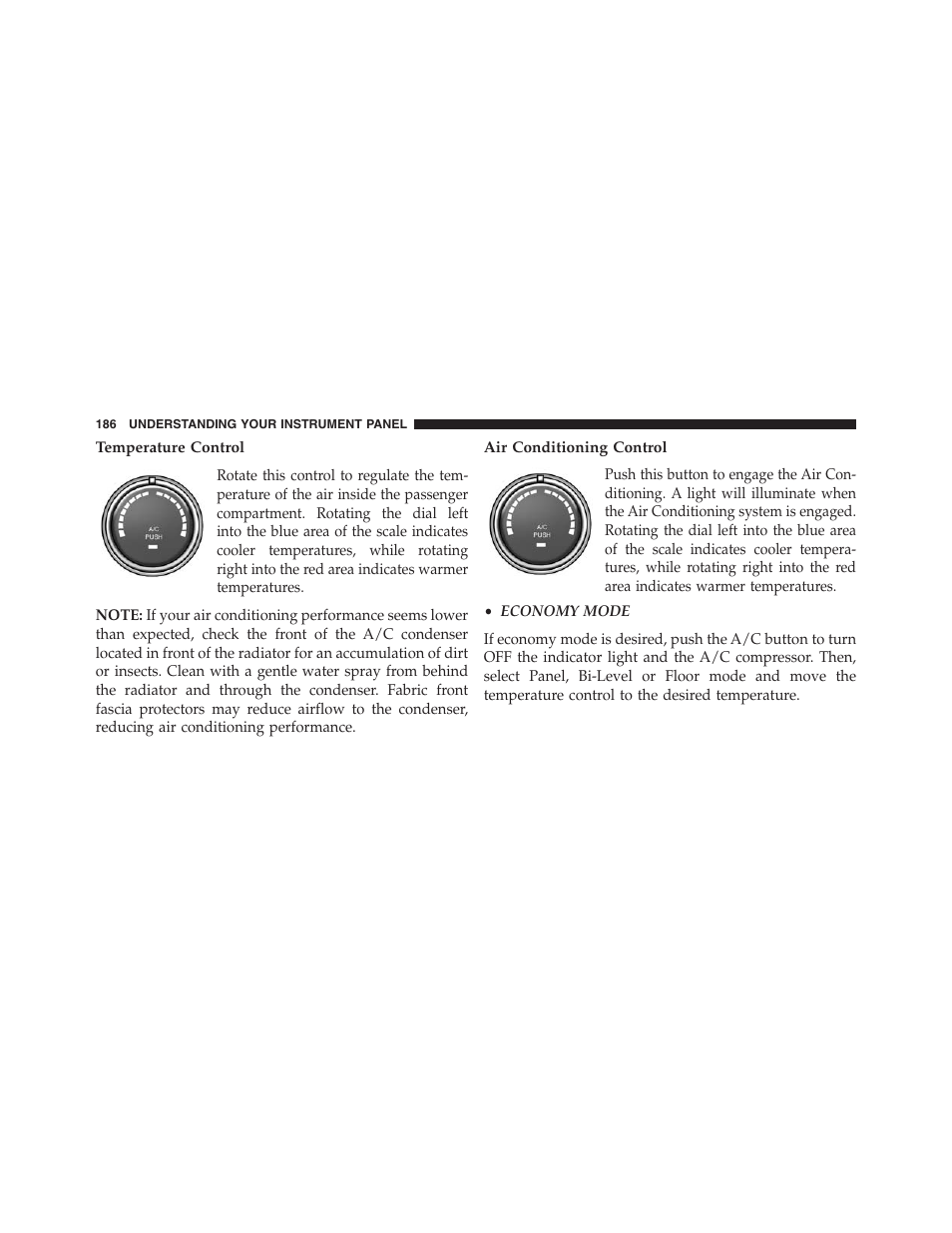 Temperature control, Air conditioning control | Ram Trucks 2015 ProMaster - Owner Manual User Manual | Page 188 / 431