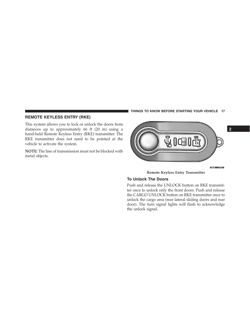 Remote keyless entry (rke), To unlock the doors | Ram Trucks 2015 ProMaster - Owner Manual User Manual | Page 19 / 431
