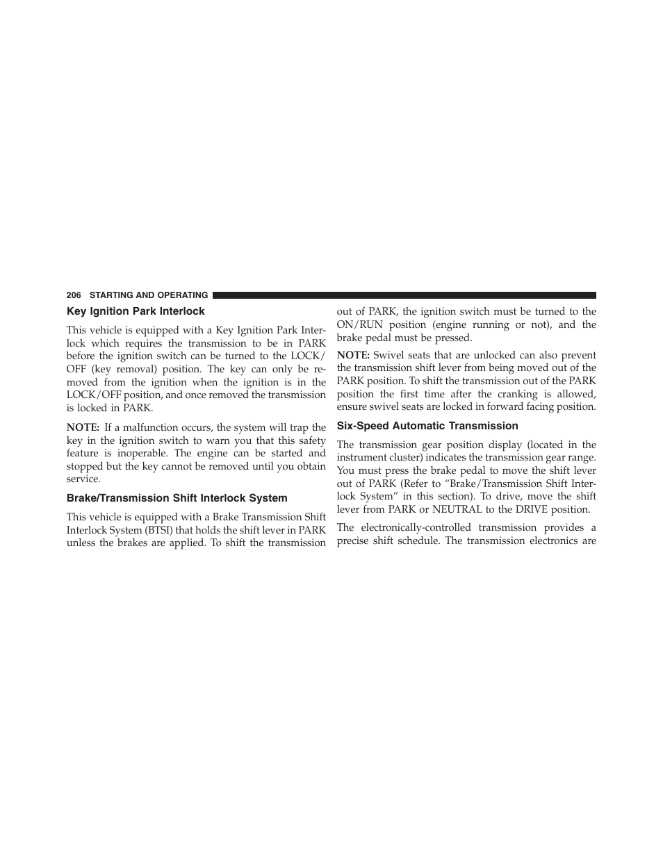 Key ignition park interlock, Brake/transmission shift interlock system, Six-speed automatic transmission | Ram Trucks 2015 ProMaster - Owner Manual User Manual | Page 208 / 431