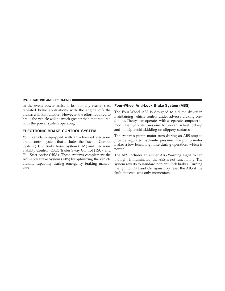 Electronic brake control system, Four-wheel anti-lock brake system (abs) | Ram Trucks 2015 ProMaster - Owner Manual User Manual | Page 226 / 431