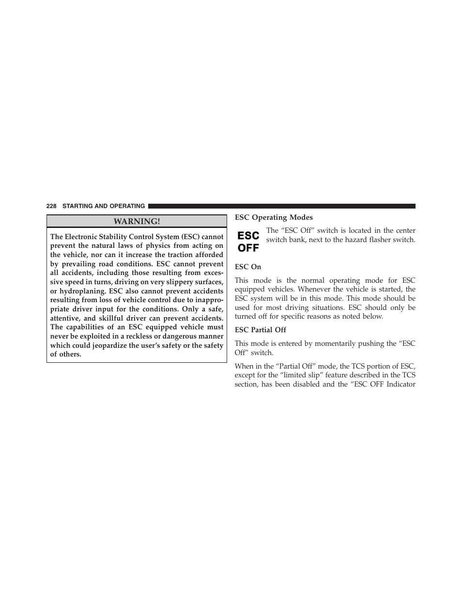 Esc operating modes | Ram Trucks 2015 ProMaster - Owner Manual User Manual | Page 230 / 431