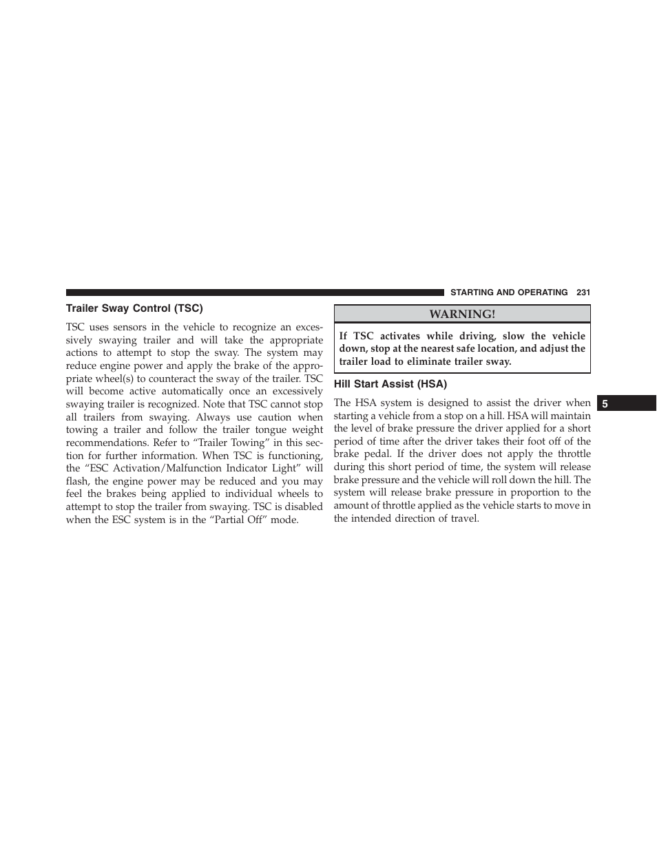 Trailer sway control (tsc), Hill start assist (hsa) | Ram Trucks 2015 ProMaster - Owner Manual User Manual | Page 233 / 431