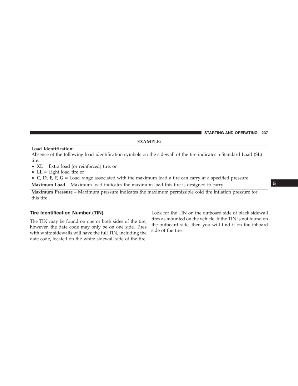 Tire identification number (tin) | Ram Trucks 2015 ProMaster - Owner Manual User Manual | Page 239 / 431