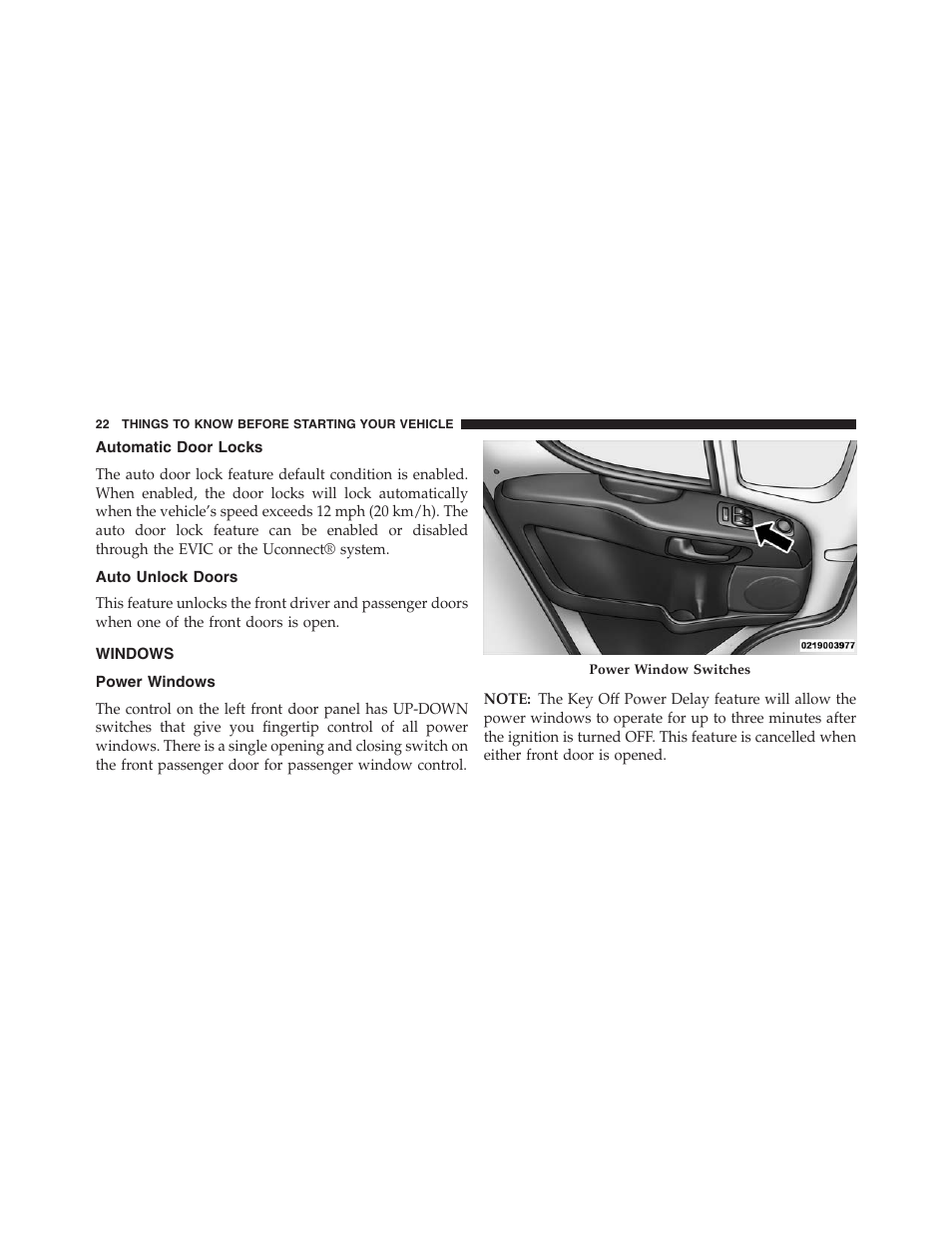 Automatic door locks, Auto unlock doors, Windows | Power windows | Ram Trucks 2015 ProMaster - Owner Manual User Manual | Page 24 / 431