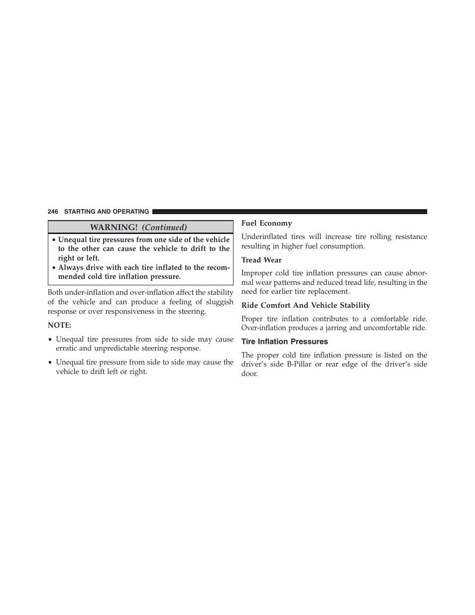 Fuel economy, Tread wear, Ride comfort and vehicle stability | Tire inflation pressures | Ram Trucks 2015 ProMaster - Owner Manual User Manual | Page 248 / 431