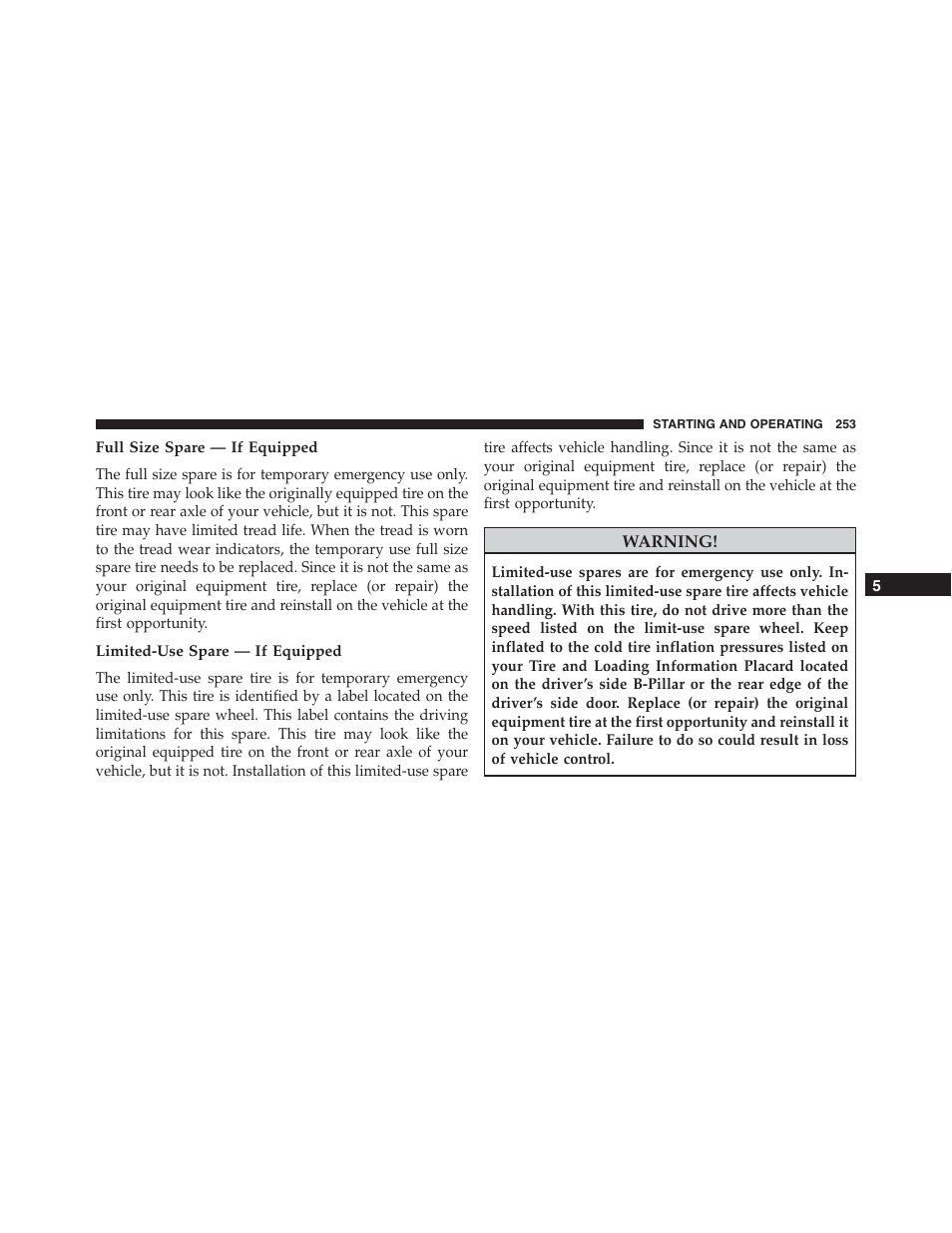 Full size spare — if equipped, Limited-use spare — if equipped | Ram Trucks 2015 ProMaster - Owner Manual User Manual | Page 255 / 431