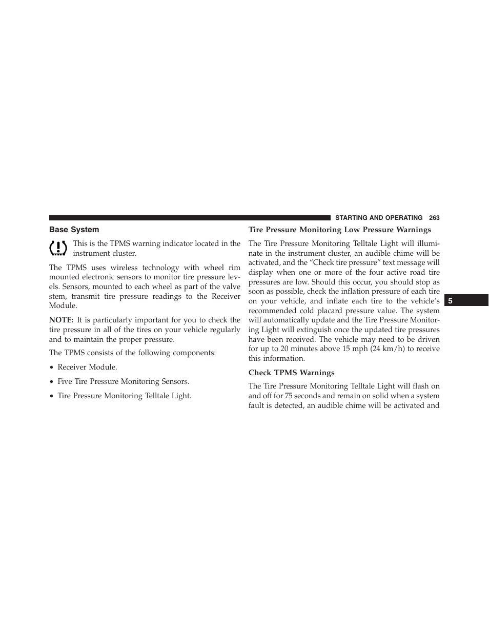 Base system, Tire pressure monitoring low pressure warnings, Check tpms warnings | Ram Trucks 2015 ProMaster - Owner Manual User Manual | Page 265 / 431