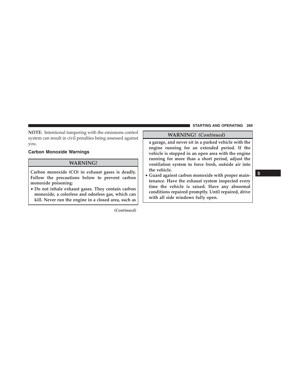Carbon monoxide warnings | Ram Trucks 2015 ProMaster - Owner Manual User Manual | Page 271 / 431