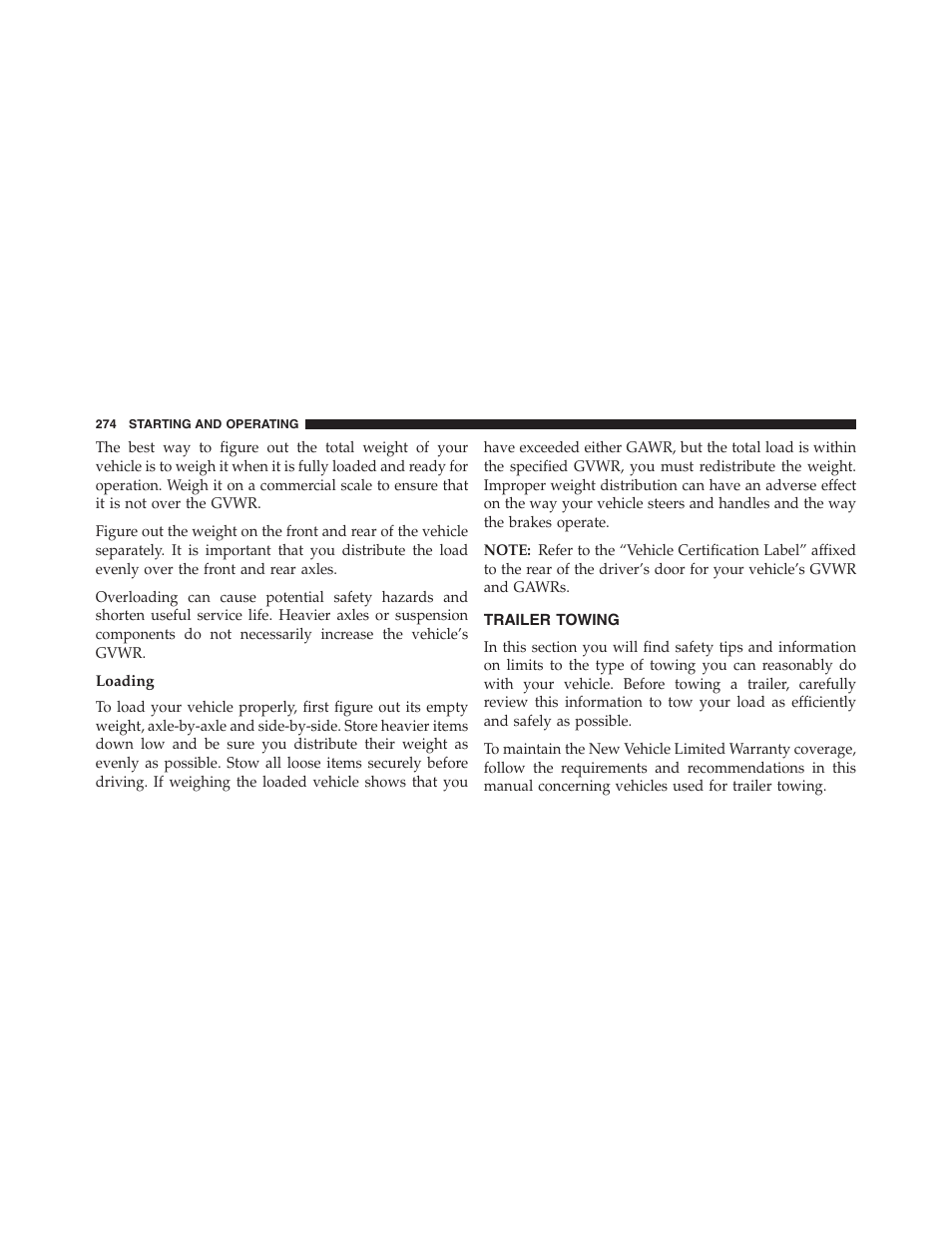 Loading, Trailer towing | Ram Trucks 2015 ProMaster - Owner Manual User Manual | Page 276 / 431