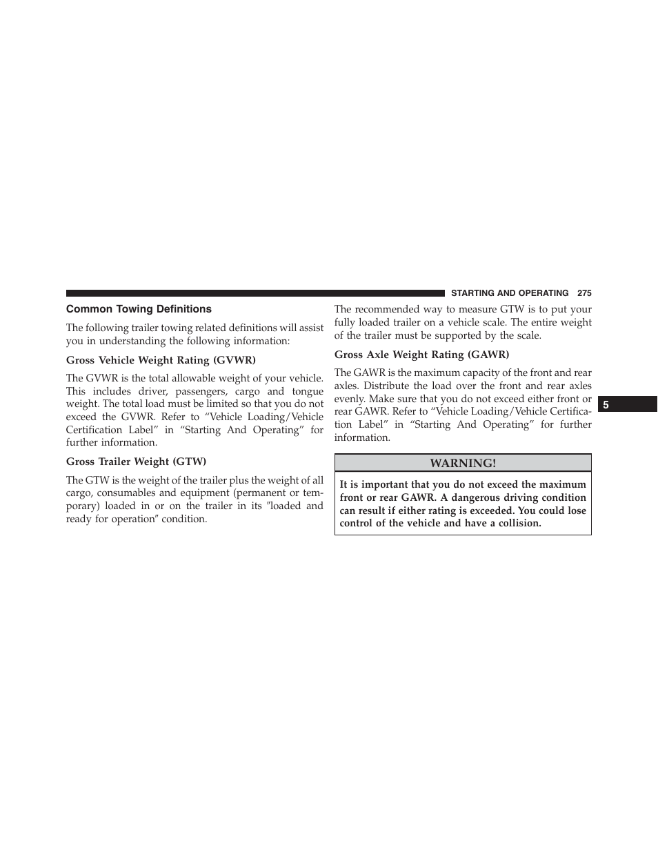 Common towing definitions, Gross vehicle weight rating (gvwr), Gross trailer weight (gtw) | Gross axle weight rating (gawr) | Ram Trucks 2015 ProMaster - Owner Manual User Manual | Page 277 / 431