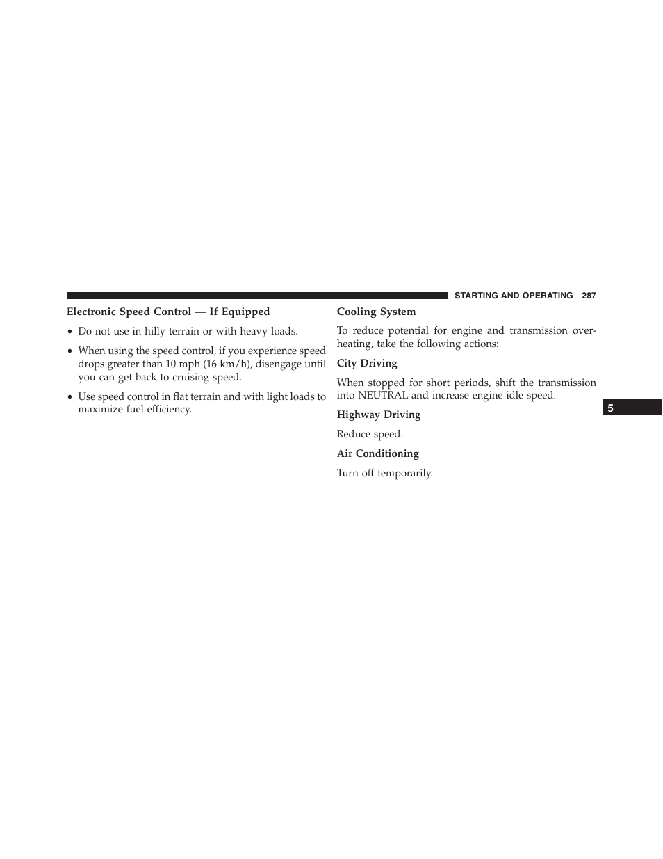 Electronic speed control — if equipped, Cooling system | Ram Trucks 2015 ProMaster - Owner Manual User Manual | Page 289 / 431