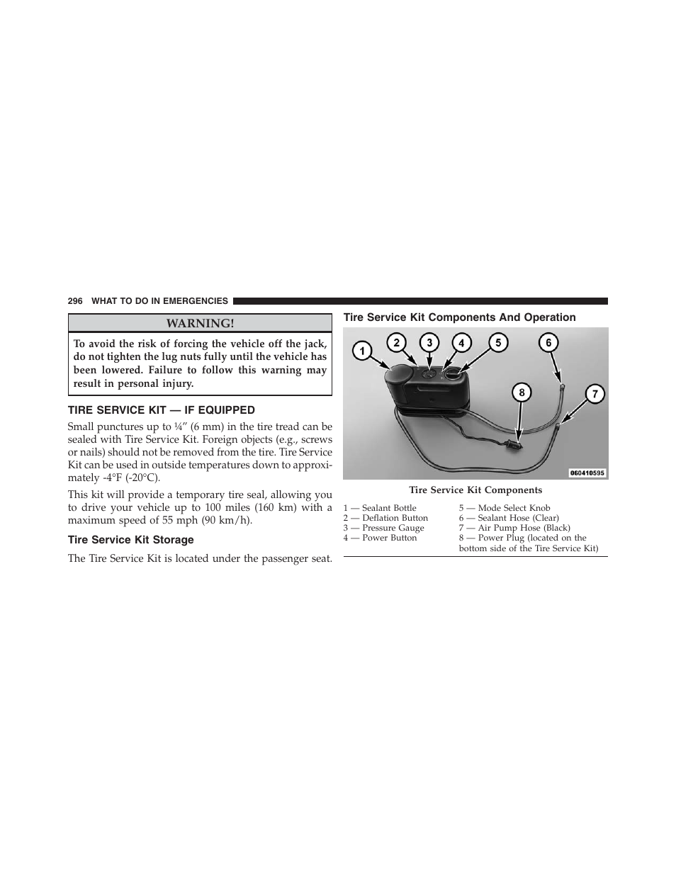 Tire service kit — if equipped, Tire service kit storage, Tire service kit components and operation | Ram Trucks 2015 ProMaster - Owner Manual User Manual | Page 298 / 431