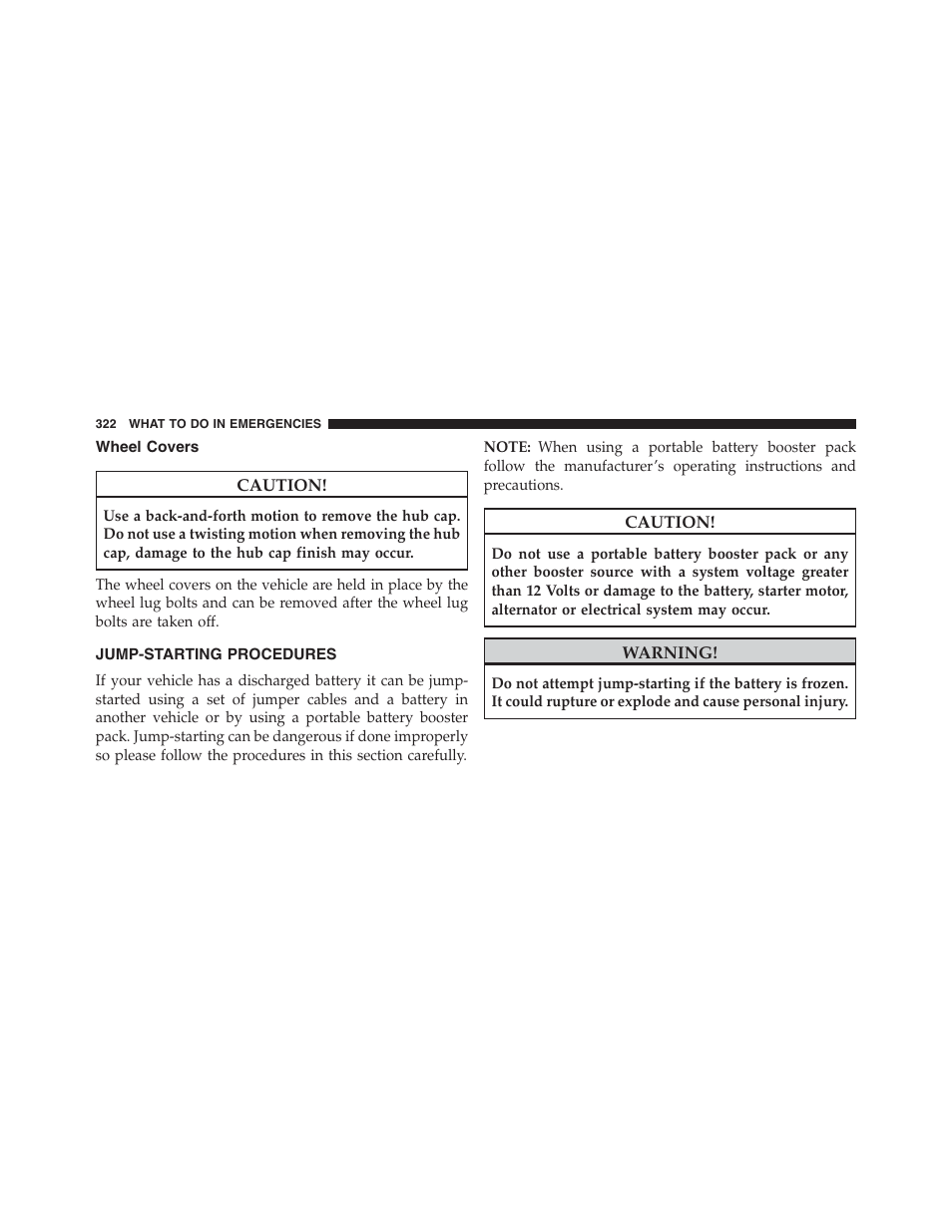 Wheel covers, Jump-starting procedures | Ram Trucks 2015 ProMaster - Owner Manual User Manual | Page 324 / 431
