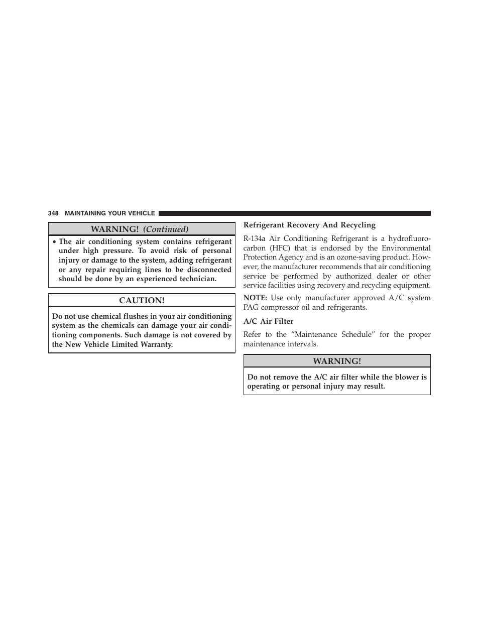 Refrigerant recovery and recycling, A/c air filter | Ram Trucks 2015 ProMaster - Owner Manual User Manual | Page 350 / 431