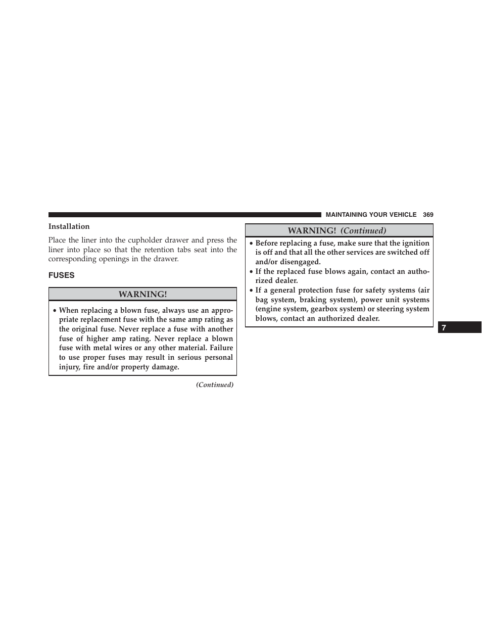 Installation, Fuses | Ram Trucks 2015 ProMaster - Owner Manual User Manual | Page 371 / 431