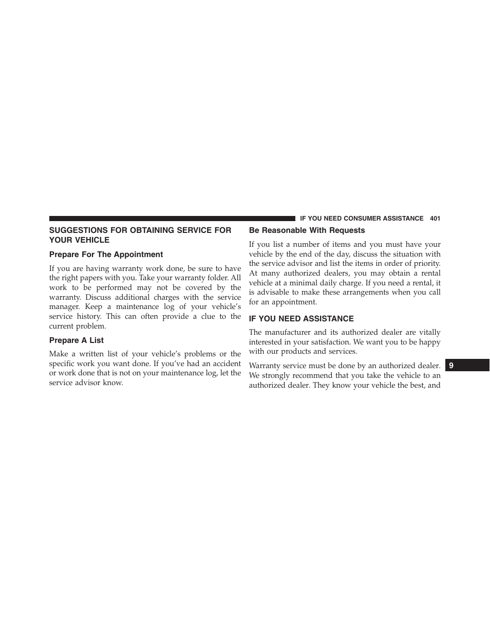 Suggestions for obtaining service for your vehicle, Prepare for the appointment, Prepare a list | Be reasonable with requests, If you need assistance, Suggestions for obtaining service, For your vehicle | Ram Trucks 2015 ProMaster - Owner Manual User Manual | Page 403 / 431