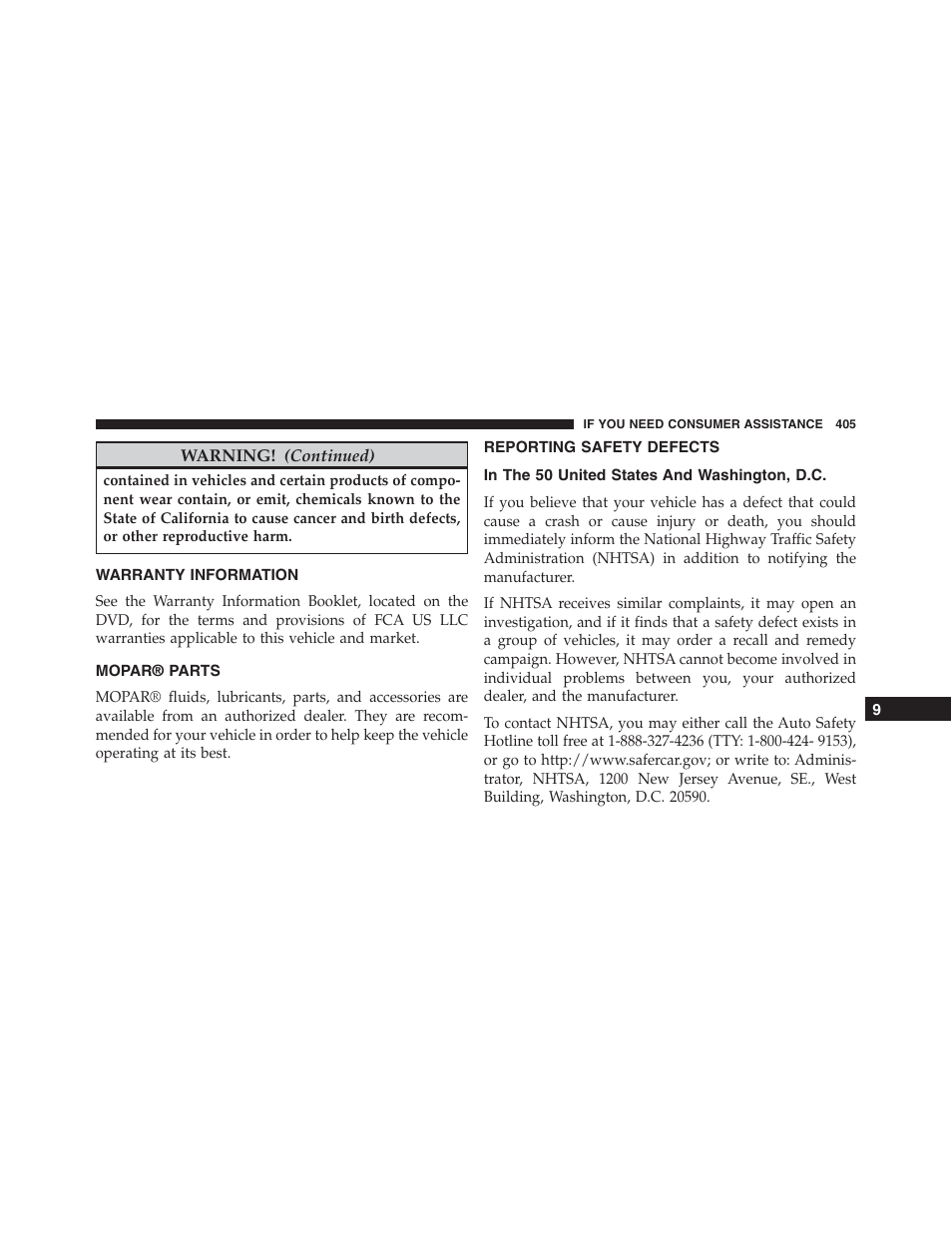Warranty information, Mopar® parts, Reporting safety defects | In the 50 united states and washington, d.c, In the 50 united states and, Washington, d.c | Ram Trucks 2015 ProMaster - Owner Manual User Manual | Page 407 / 431