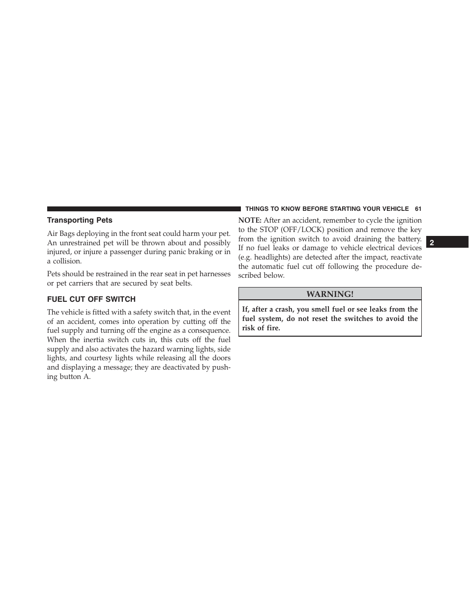 Transporting pets, Fuel cut off switch | Ram Trucks 2015 ProMaster - Owner Manual User Manual | Page 63 / 431