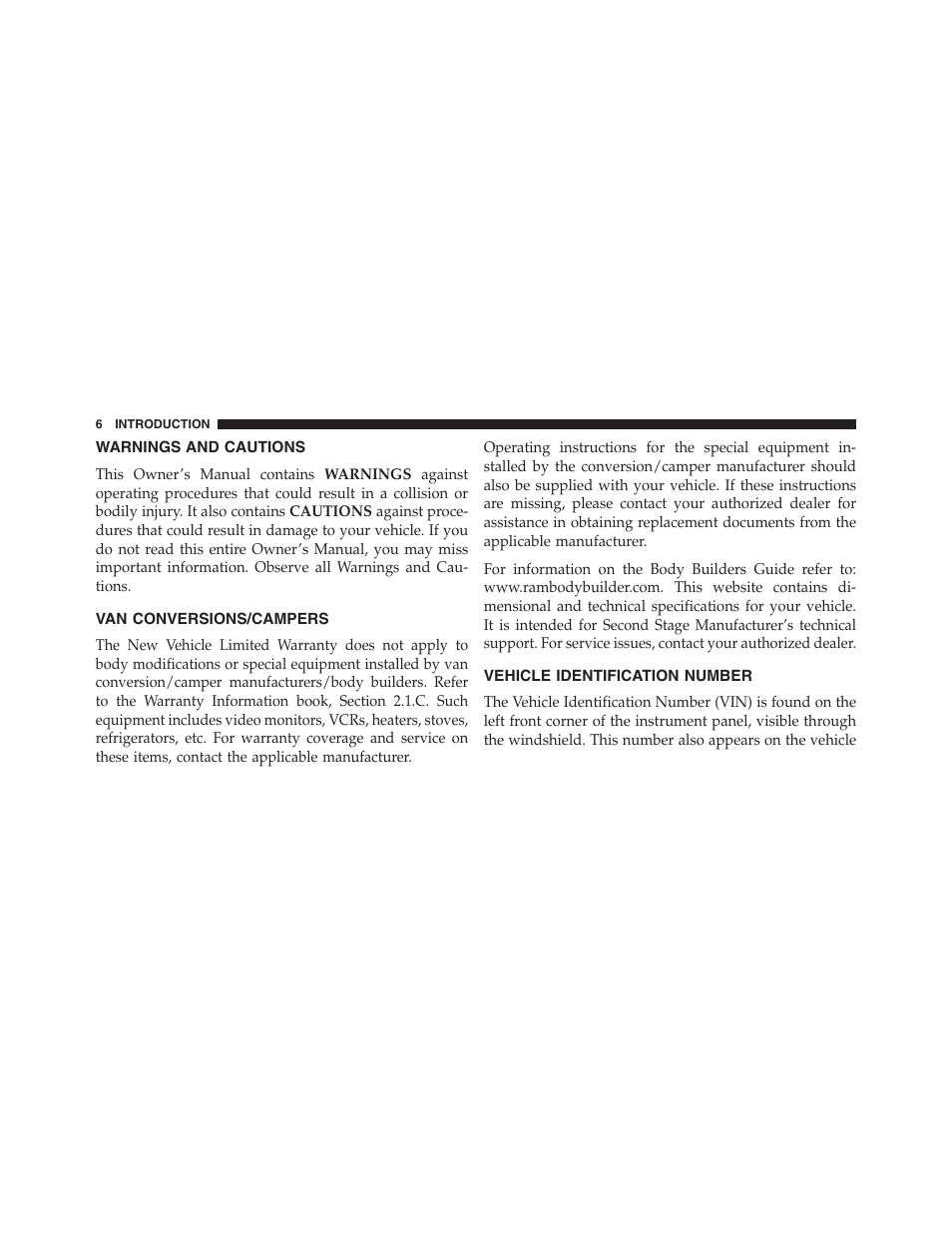 Warnings and cautions, Van conversions/campers, Vehicle identification number | Ram Trucks 2015 ProMaster - Owner Manual User Manual | Page 8 / 431