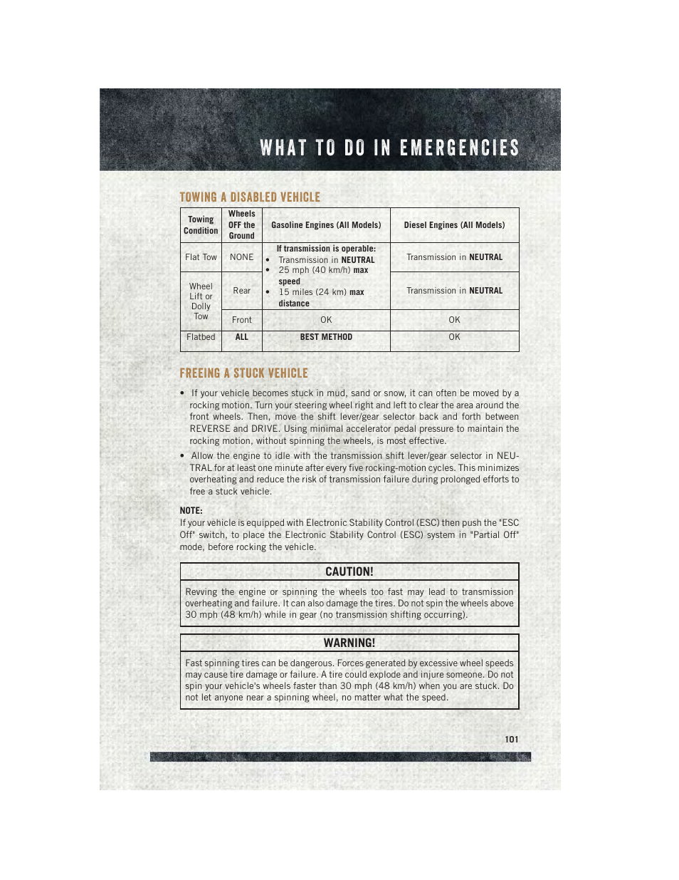 Towing a disabled vehicle, Freeing a stuck vehicle, Caution | Warning | Ram Trucks 2015 ProMaster - User Guide User Manual | Page 103 / 140