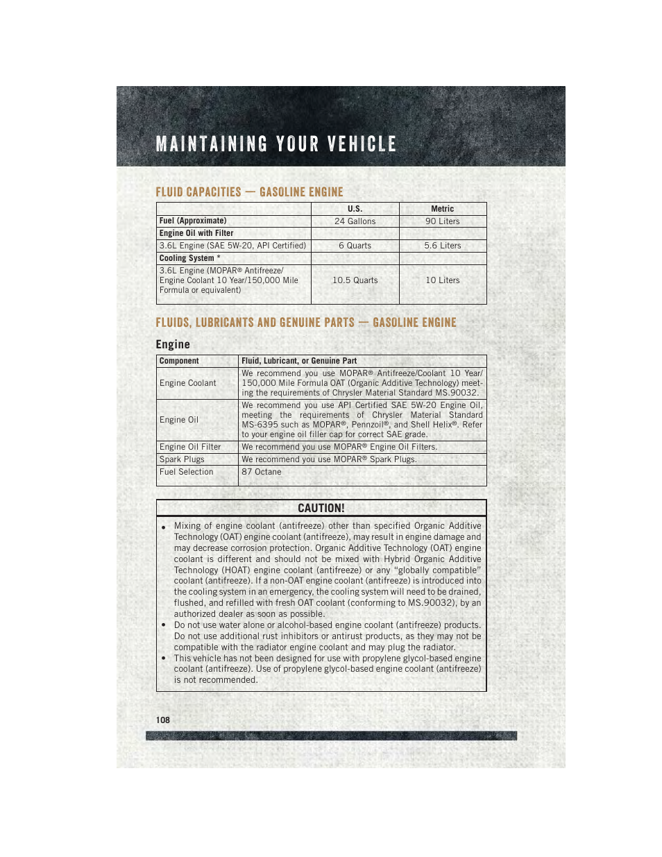 Fluid capacities — gasoline engine, Engine, Fluid capacities — gasoline | Fluids, lubricants and genuine, Parts — gasoline engine, Caution | Ram Trucks 2015 ProMaster - User Guide User Manual | Page 110 / 140
