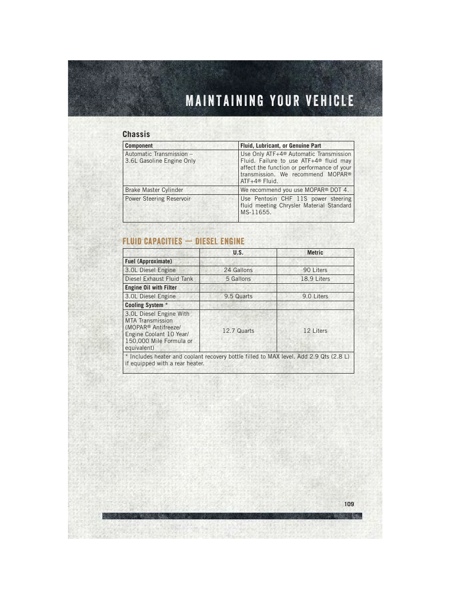 Chassis, Fluid capacities — diesel engine, Fluid capacities — diesel | Engine | Ram Trucks 2015 ProMaster - User Guide User Manual | Page 111 / 140