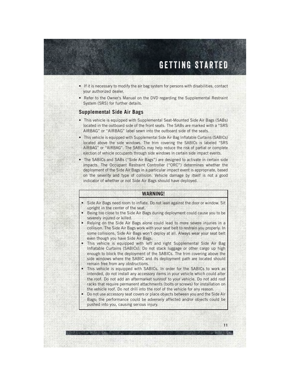 Supplemental side air bags | Ram Trucks 2015 ProMaster - User Guide User Manual | Page 13 / 140
