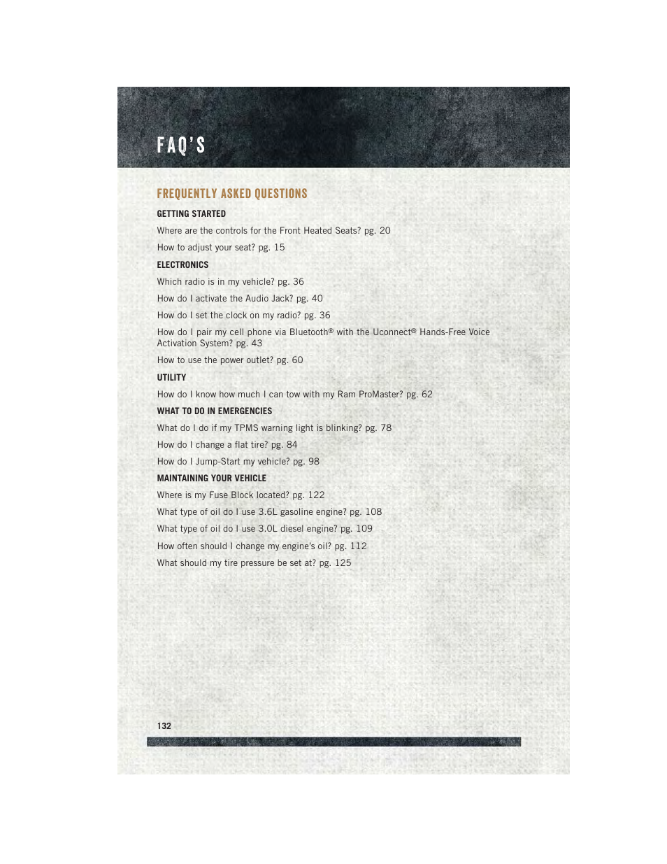 Frequently asked questions, Faq’s, F a q ’ s | Ram Trucks 2015 ProMaster - User Guide User Manual | Page 134 / 140