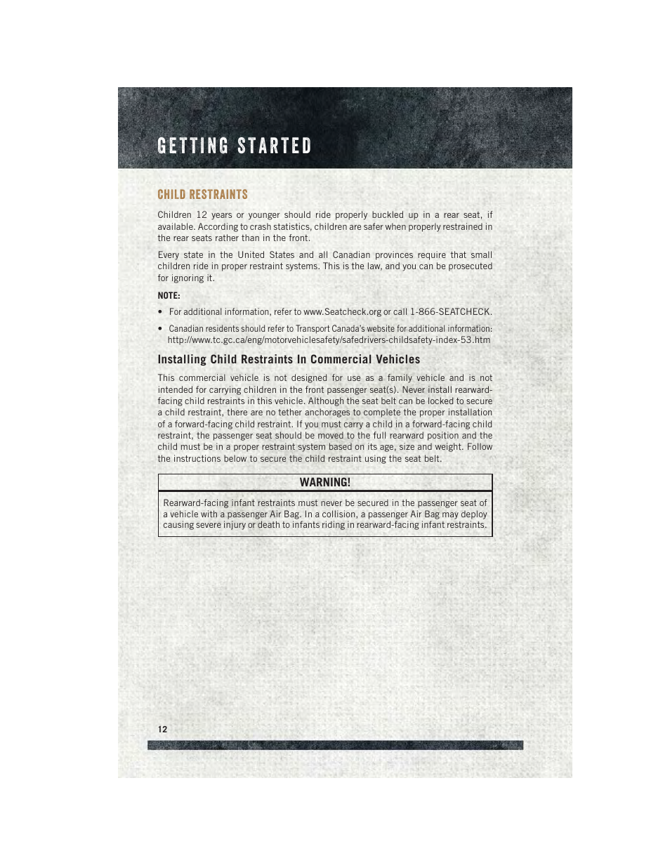 Child restraints, Installing child restraints in commercial vehicles | Ram Trucks 2015 ProMaster - User Guide User Manual | Page 14 / 140