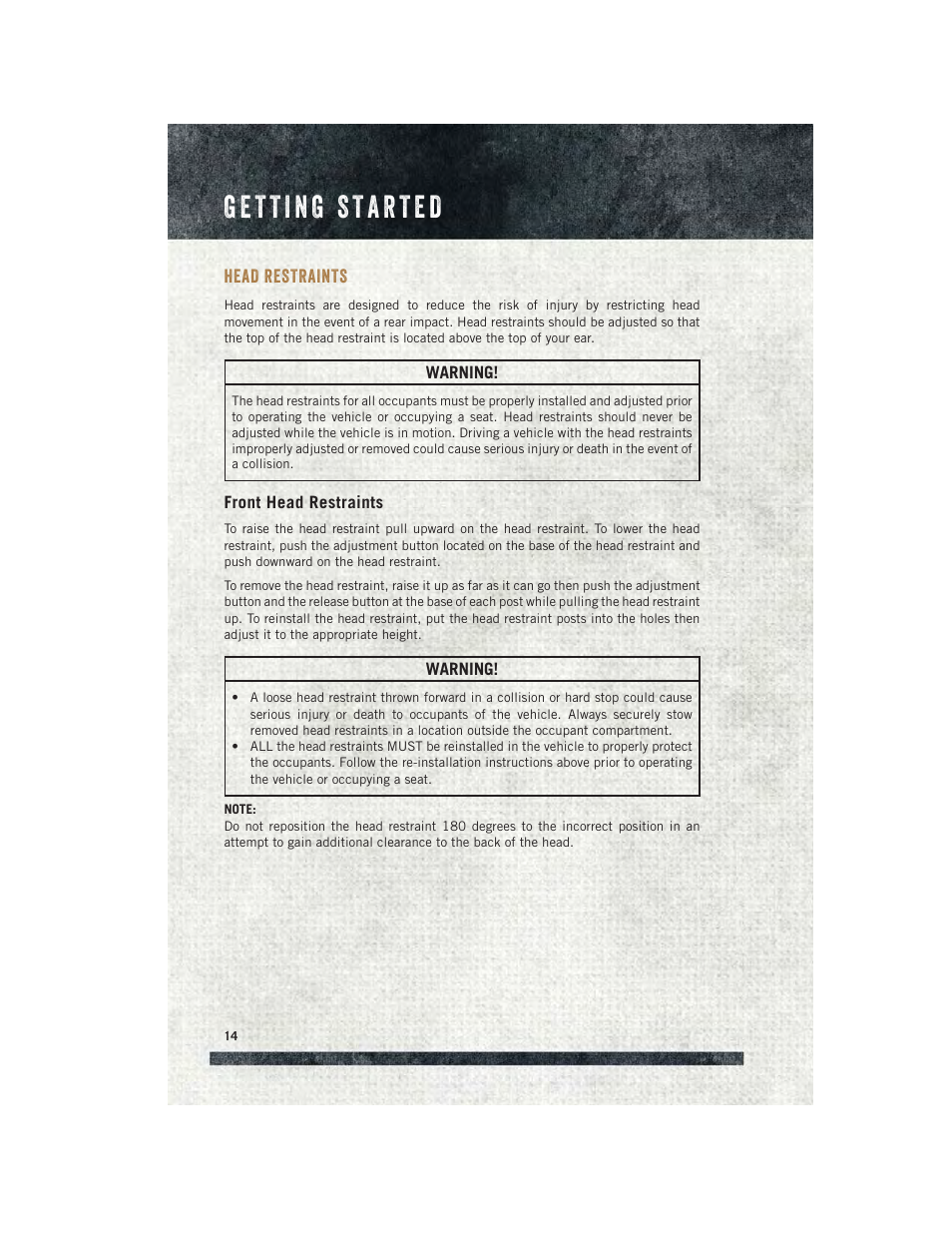 Head restraints, Front head restraints | Ram Trucks 2015 ProMaster - User Guide User Manual | Page 16 / 140