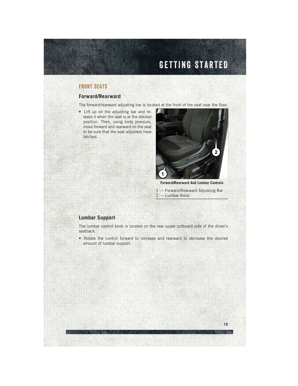 Front seats, Forward/rearward, Lumbar support | Ram Trucks 2015 ProMaster - User Guide User Manual | Page 17 / 140