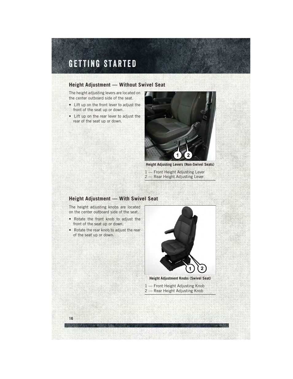 Height adjustment — without swivel seat, Height adjustment — with swivel seat | Ram Trucks 2015 ProMaster - User Guide User Manual | Page 18 / 140