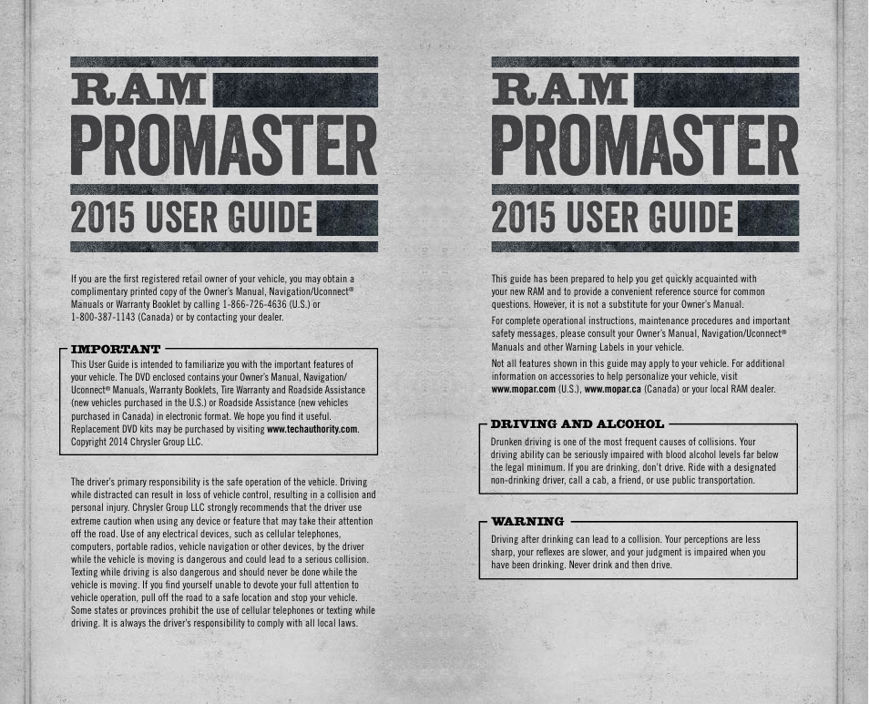 Promaster, 2015 user guide | Ram Trucks 2015 ProMaster - User Guide User Manual | Page 2 / 140