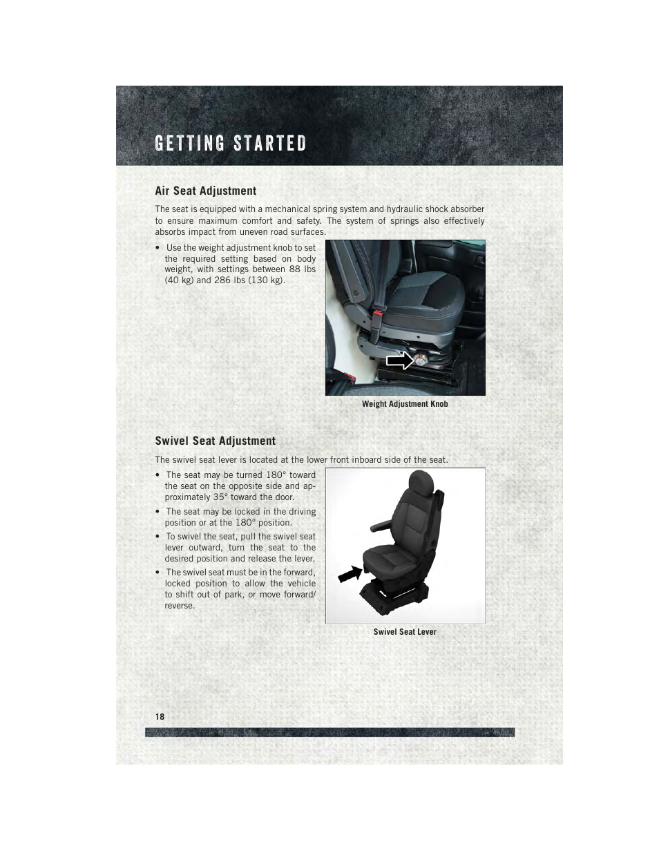 Air seat adjustment, Swivel seat adjustment | Ram Trucks 2015 ProMaster - User Guide User Manual | Page 20 / 140